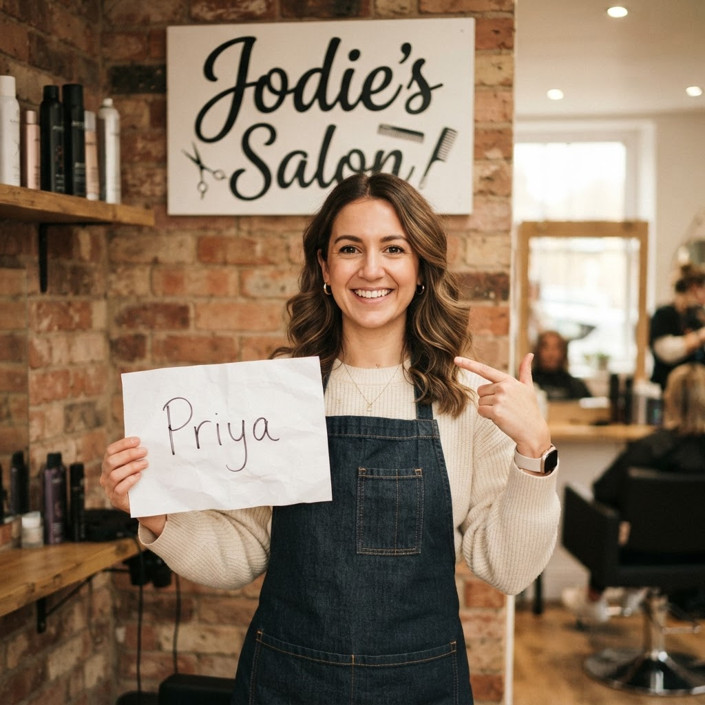 Jodie from Jodie's Salon smiling and holding a handwritten sign that says Priya, in front of her salon sign